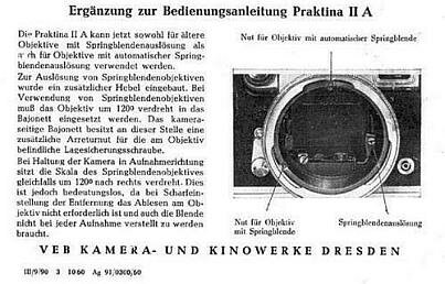 Ergnzung zur Bedienungsanleitung Praktina IIa mit doppelter Blendenauslsung des VEB Kamera- und Kinowerke Dresden (1960)